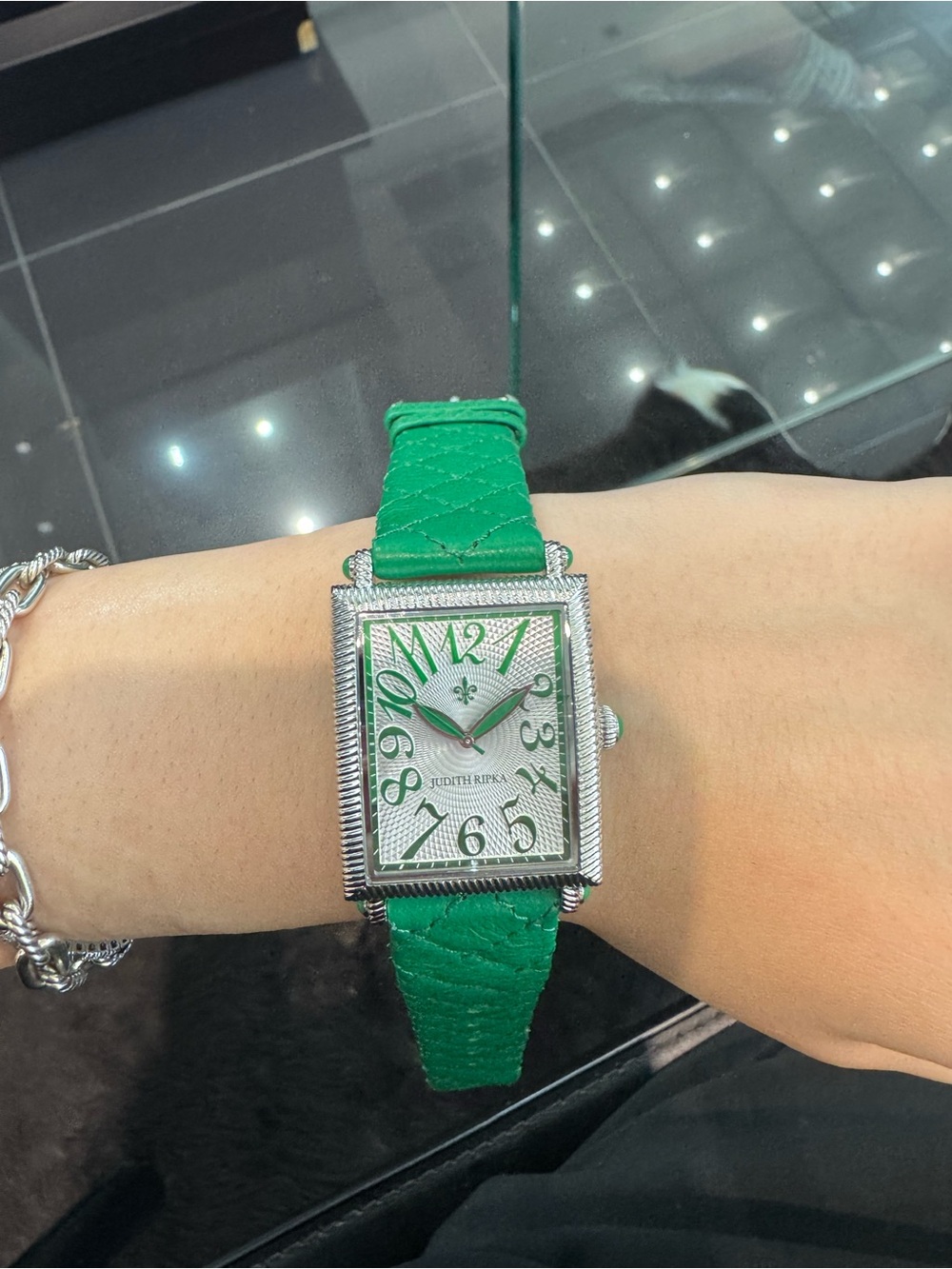 New Judith Ripka Stainless Steel Quilted Leather Tank Watch – Green